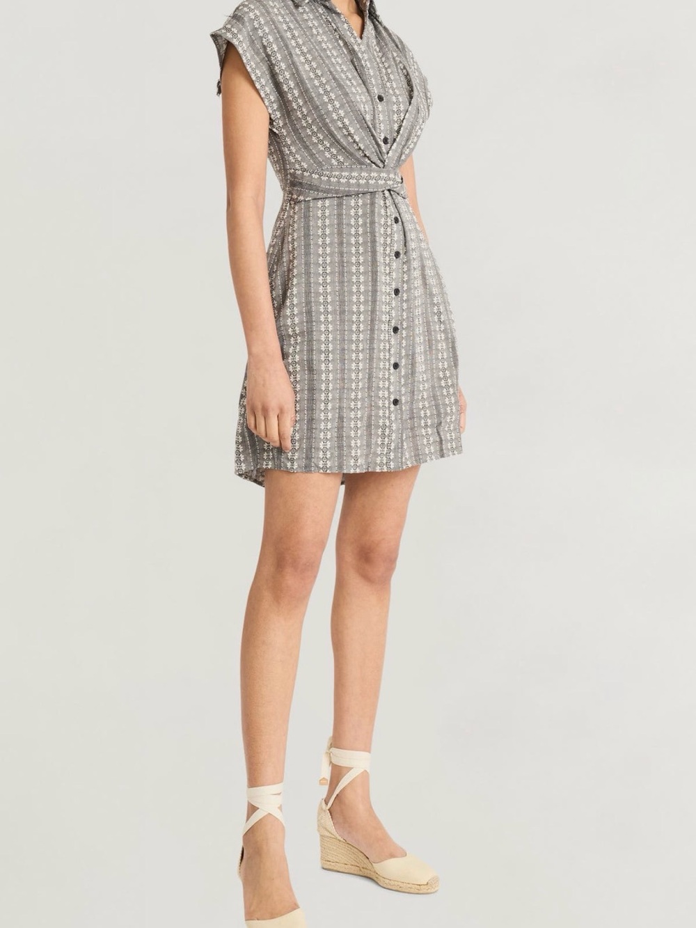 Button-Front Grey Printed Mini Dress with Waist Tie